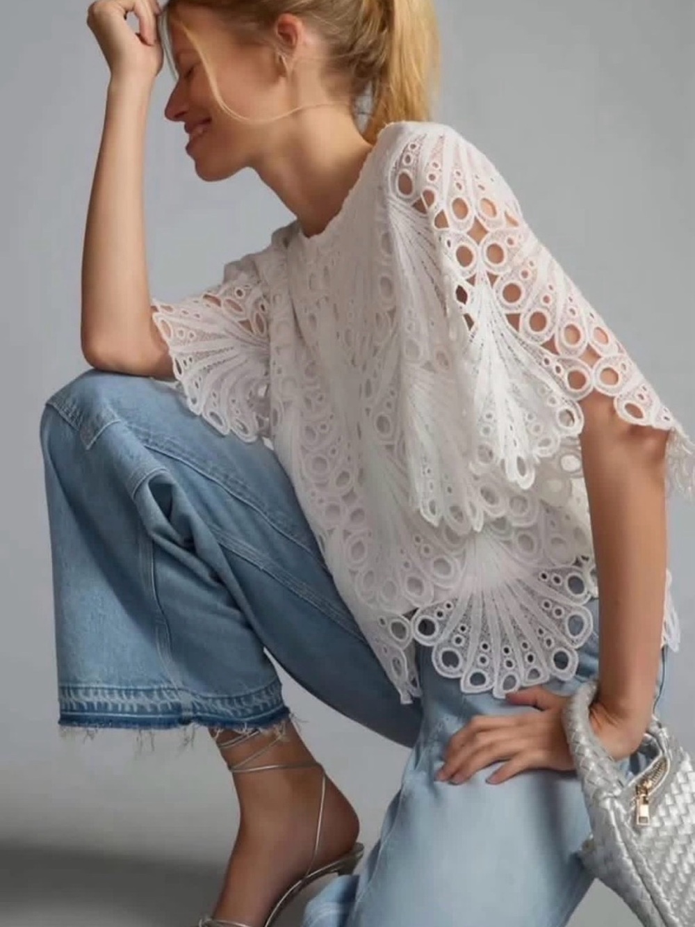 Anthropologie Blue Tassel Eyelet Top Sz SmallP